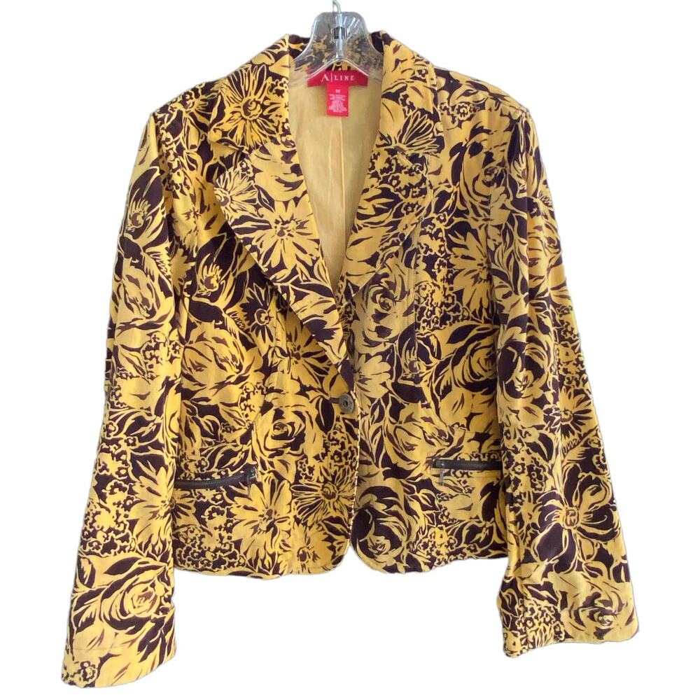 Boho Velvet Blazer Sz 12 Yellow & Brown Floral A-LINE Jacket Zip Front Pockets